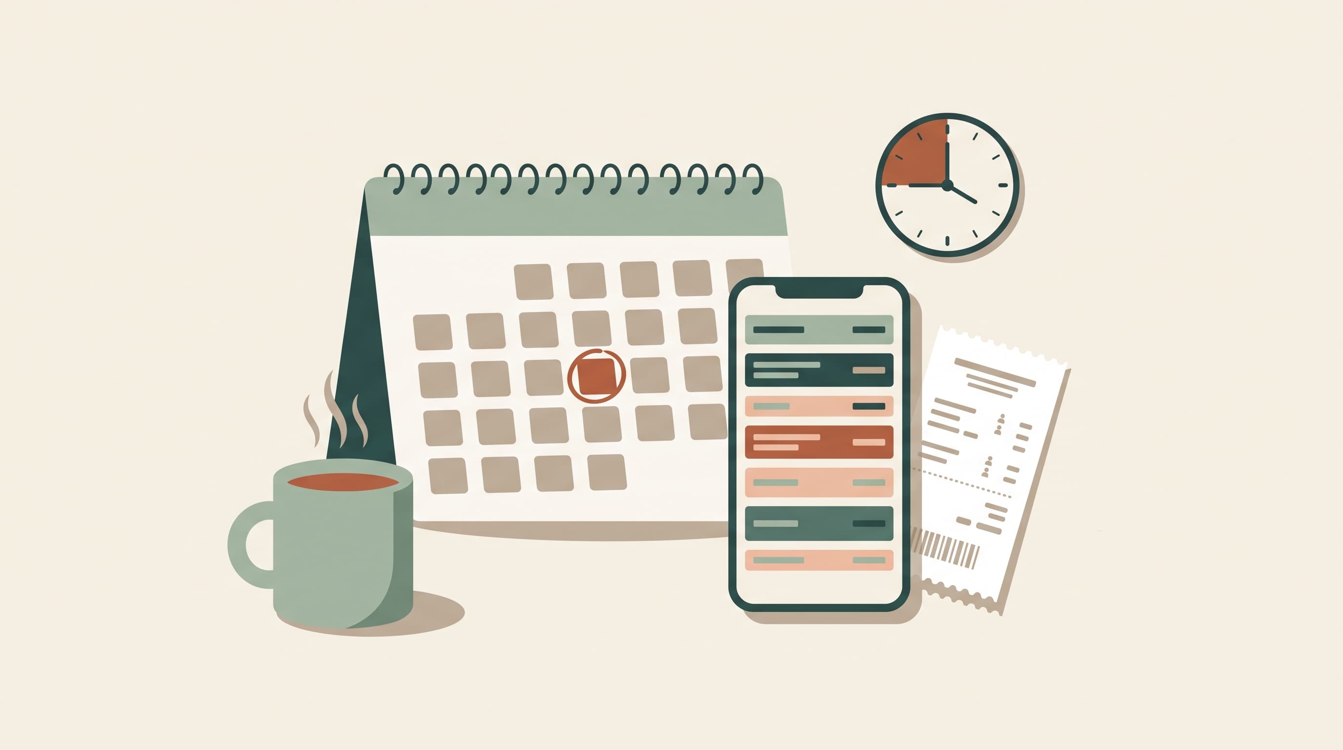 A fixed weekly entry moment: a calendar with a circled day, a clock marking fifteen minutes and a phone showing that week's expenses