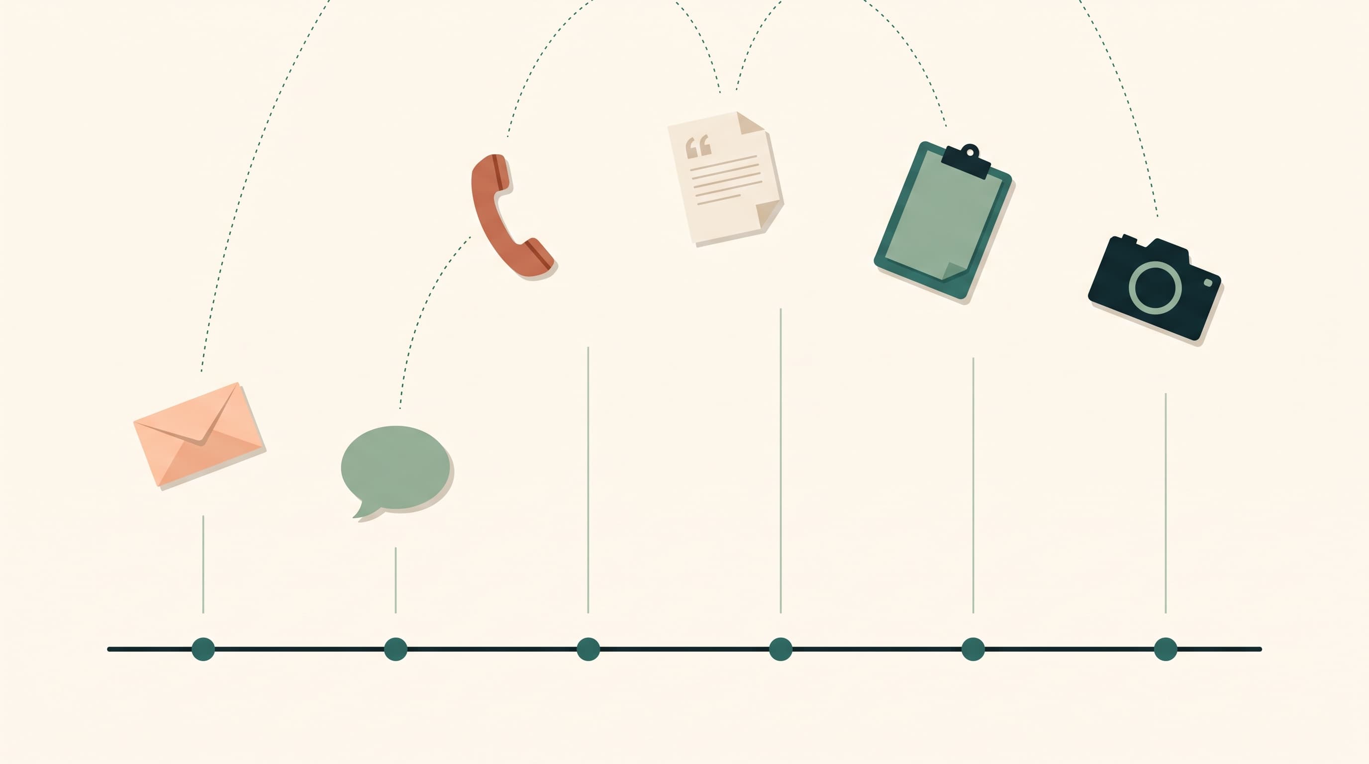 Separate contact moments such as an email, a chat message, a phone call and a quote settling onto a single timeline with evenly spaced markers