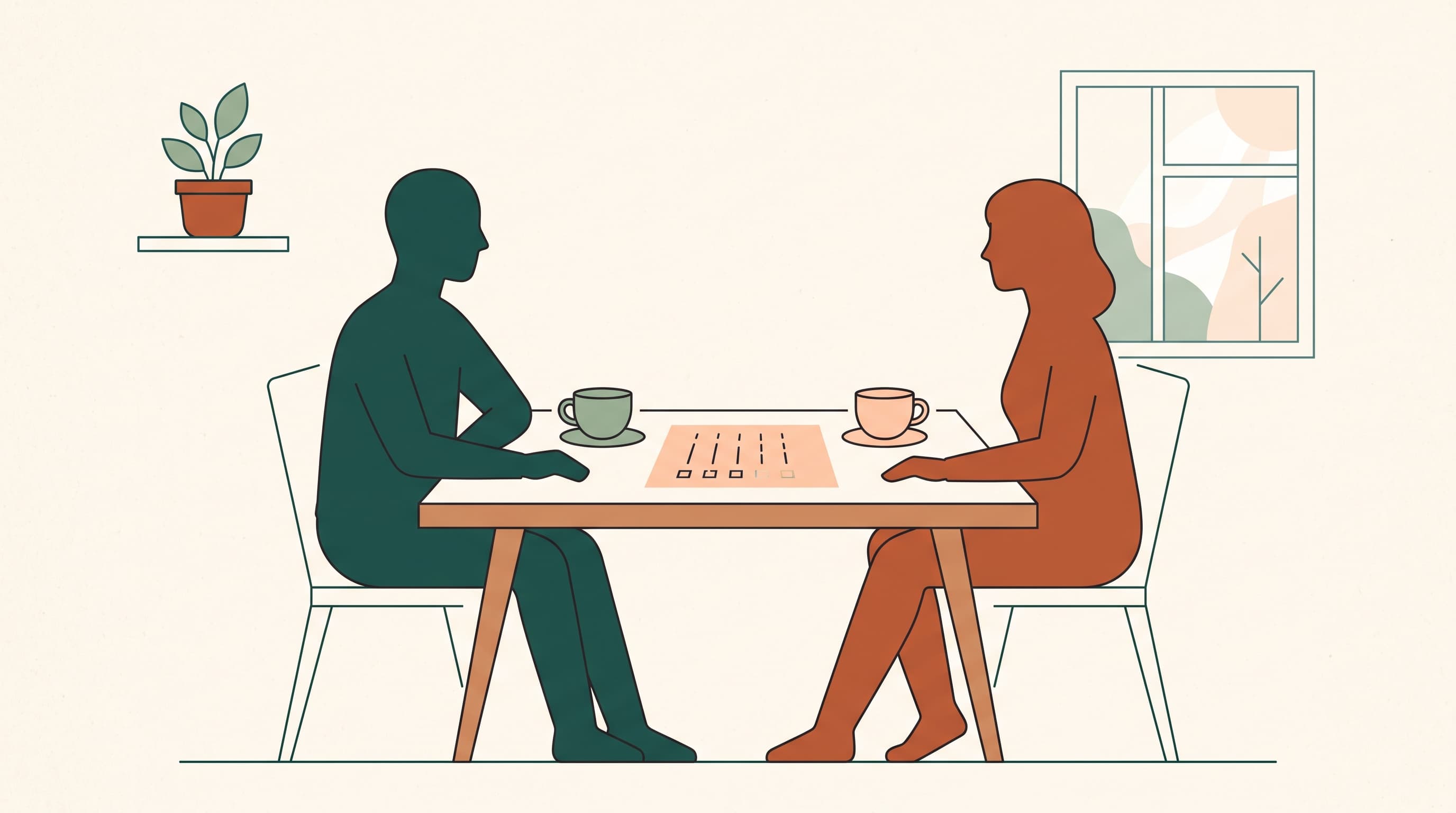 Two people at the kitchen table with coffee and a list: the regular money moment where they go over their split together