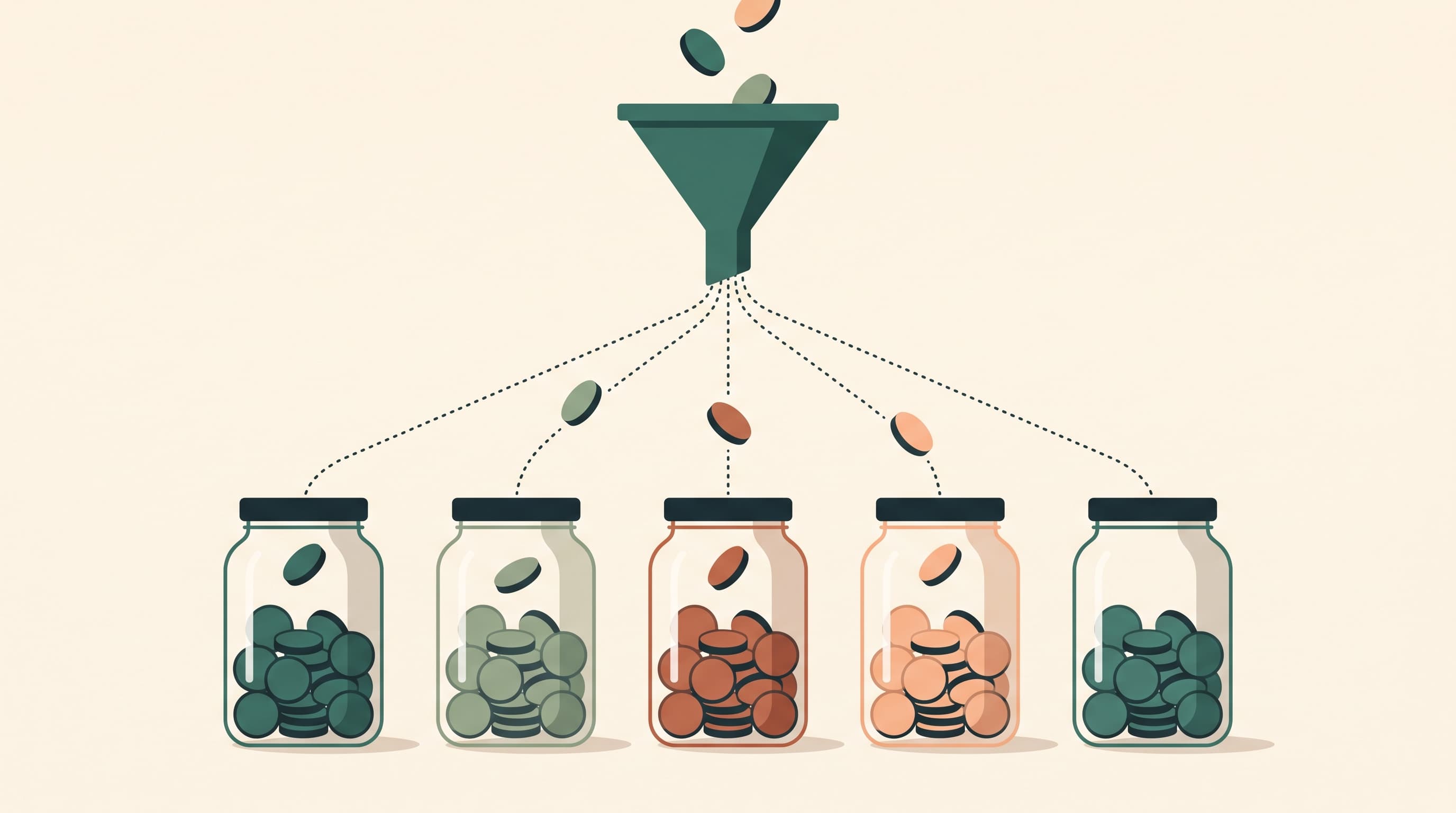 Coins being distributed automatically over a row of savings pots, each for its own cost item