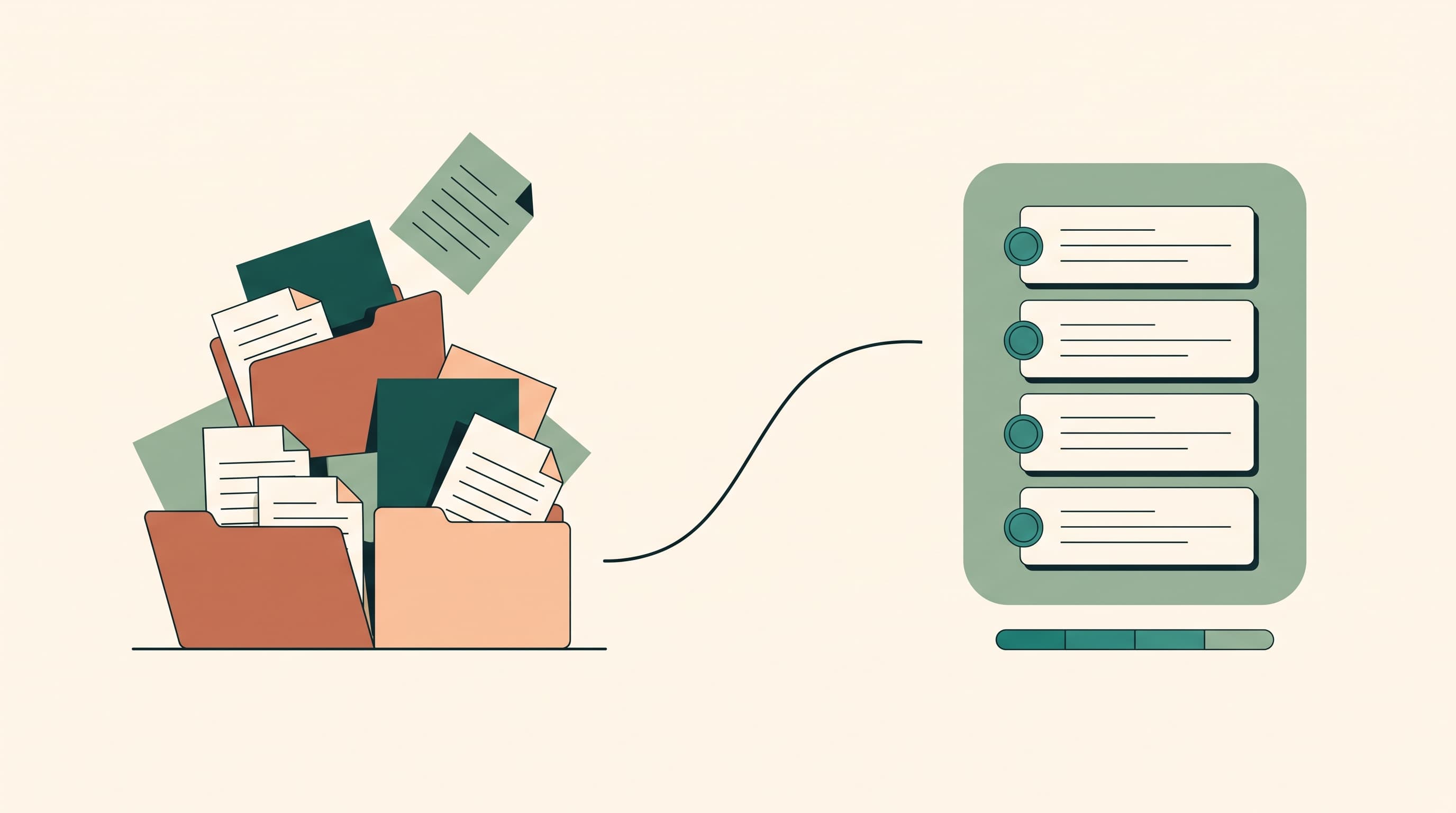 Illustration of a pile of loose invoices and folders turning into one calm, orderly overview