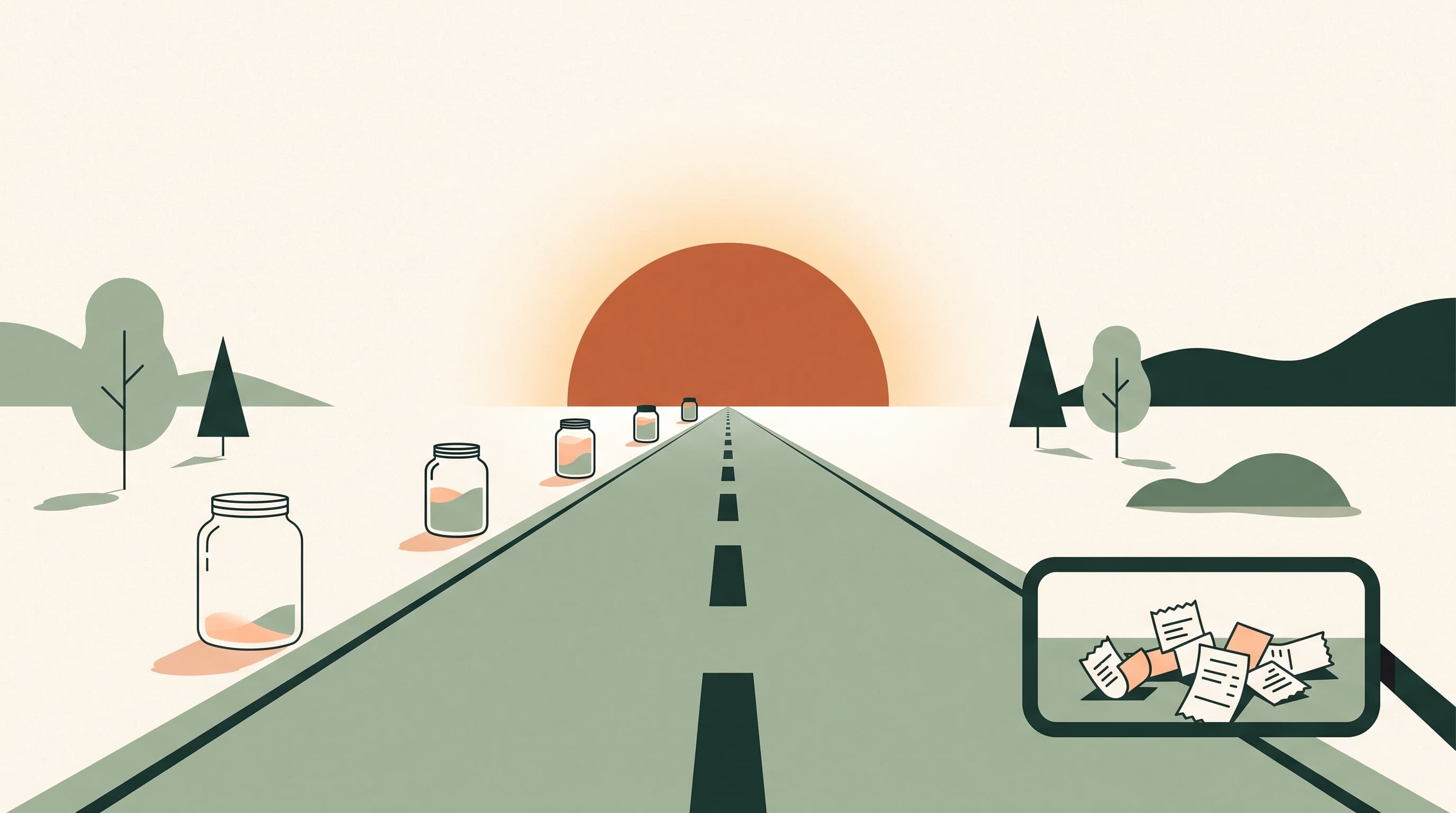 Illustration of a road towards the horizon with pots along the way that get progressively fuller